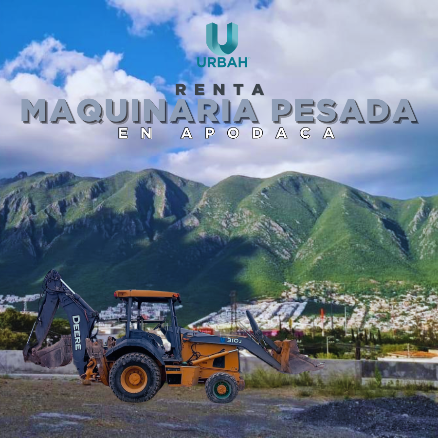 Retroexcavadora John Deere en un paisaje montañoso en Apodaca, destacando el servicio de renta de maquinaria pesada por URBAH